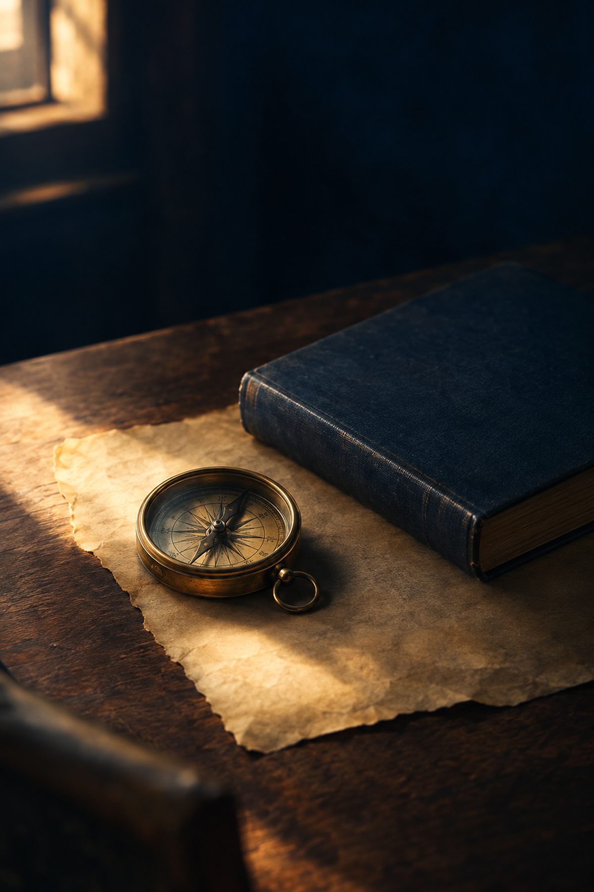 A brass compass resting on aged parchment beside a plain hardcover book in warm window light.