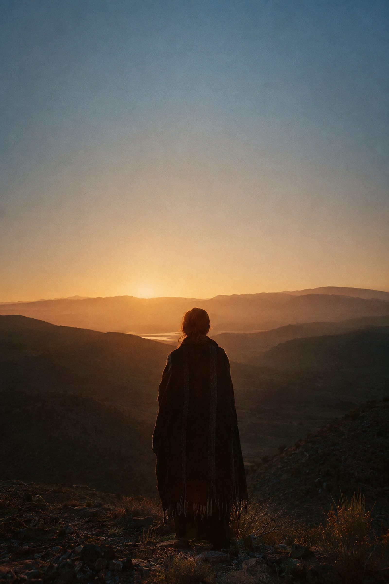 A person standing alone on a high desert ridge as the sun rises over layered hills.